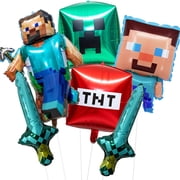6PCS Mine Pixel Video Game Characters Foil Balloons for Boys Birthday Party Supplies