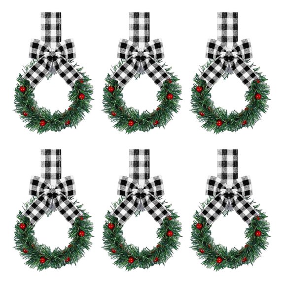 6PCS Mini Christmas Kitchen Cabinet Wreaths with Plaid Bow Ribbon, Small Hanging Wreaths for Doors, Cabinets, Windows, Indoor and Outdoor Holiday Decor