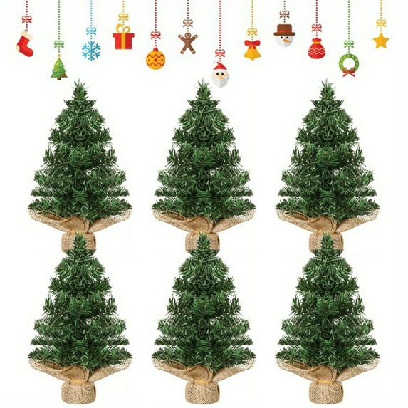 6PCS Mini Christmas Pine Trees with Wooden Base, Christmas Tree Table Top Ornaments for Christmas Xmas Home Office Desk Decor Gifts (11.81 inch)