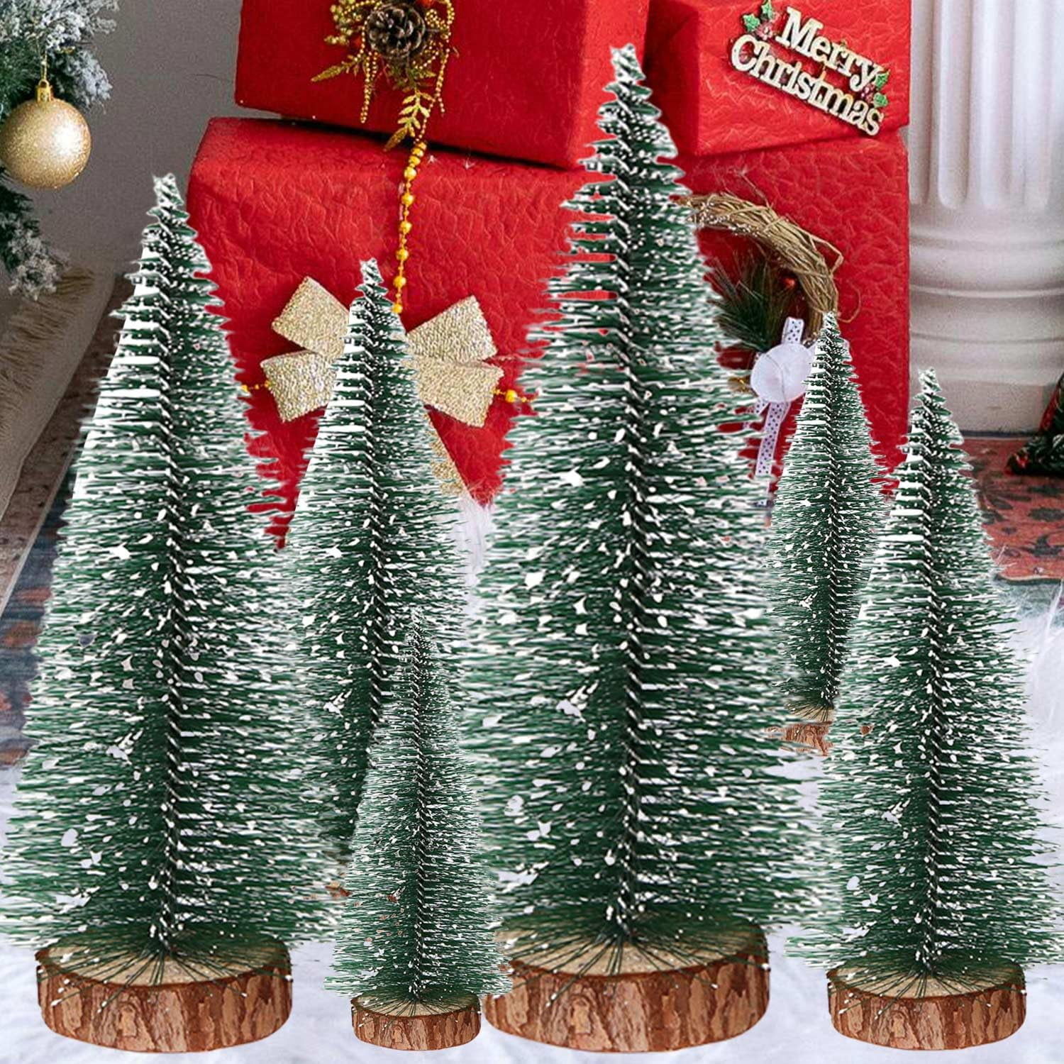 6 Pcs Small Christmas Trees Bottle Brush Decorations - 6 Sizes (4" To 9.8"), Wooden Base, Snow Accents, For Tabletop & DIY Crafts