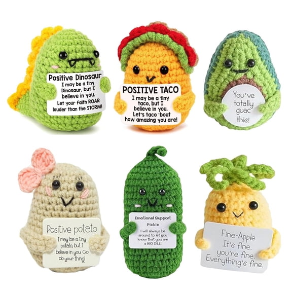 6PCS Mini Emotional Support Nuggets Positive Crochet Animals Set Potatos Pickle Taco Dinosaur Funny Inspirational Gifts for Women Men Coworker, Cute Birthday Gifts, College, Office Desk Decor