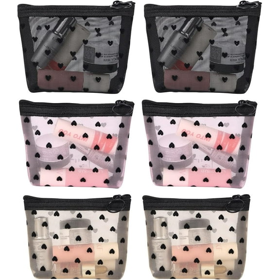 6PCS Mini Mesh Makeup Bags,Heart Print Mesh Cosmetic Bags for Women Beauty Makeup Lipstick Cosmetic Accessories Organizer Mini Zipper Mesh Bags Small Travel Kit Storage Pouch
