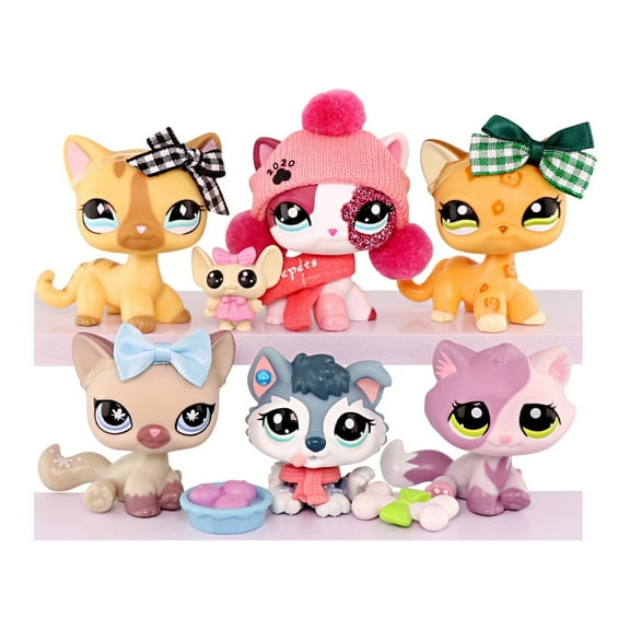 6PCS Minilpsshop Little Figures Toys Set,Shorthair Cat #1120 #886 #2291 Sitting Cat Baby Husky Bonbon Cat with Cute DIY Accessories,Mini Pets Kitty Puppy for Girls and Boys