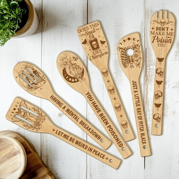 6PCS and Moon Wooden Kitchen Cooking Utensil Set 11.9in Non Toxic Bamboo Wood Spoon Set for Cooking Best Housewarming Decor Gift for Women Mother for DIY