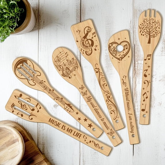 6PCS Music Note Wooden Kitchen Cooking Utensil Set Non Toxic Bamboo Wood Spoon Set for Cooking Best Housewarming Birthday Thanksgiving Christmas Gift DIY