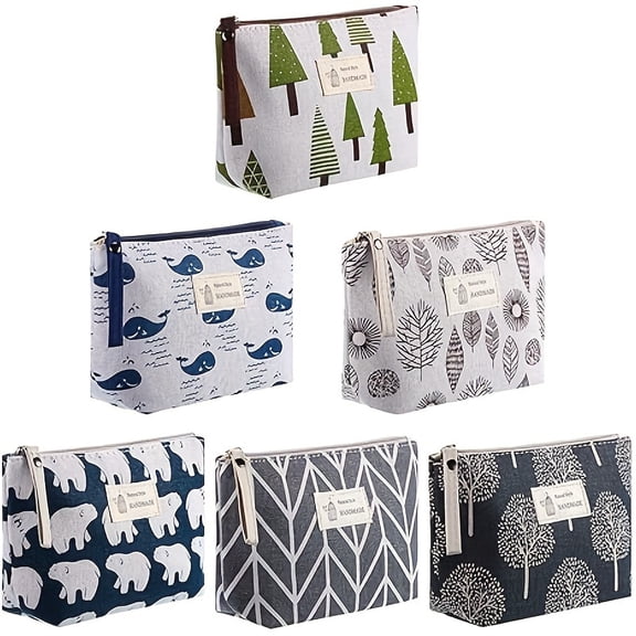 6PCS Nature-Inspired Tree-Themed Zippered Cosmetic Bags - 6 Unique Printed Travel Organizer Pouches, Multi-Functional Spacious Fabric Bags for Women (Daily/Vacation Use)