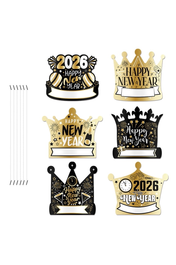 6PCS New Year Hat Black Golden Design Elastic Bands Photo Booth Accessories 2026 Celebration Headwears