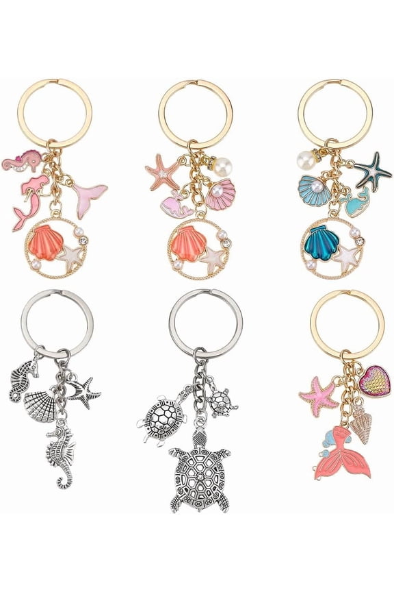 6PCS Ocean Keychain 6 Styles Starfish Seashell Pearl Charms Key Decoration Metal Keychain Gift Inspiration Keyring for Women Beach Lover for Purses Backpack Handbags Wallets Home Car Mixed Color