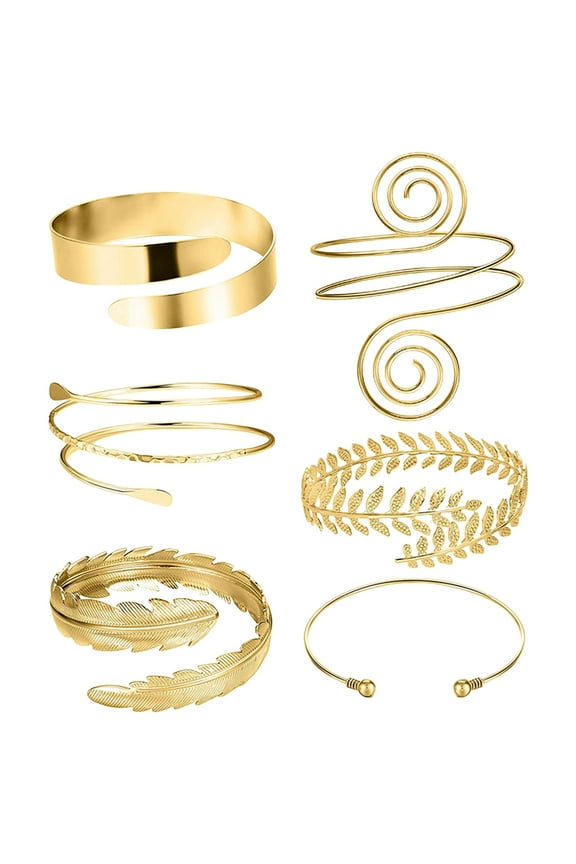 6PCS Open Arm Bracelet Set - Adjustable Upper Arm Bands for Women - Silver & Gold Minimalist Bangle - Boho Arm Jewelry