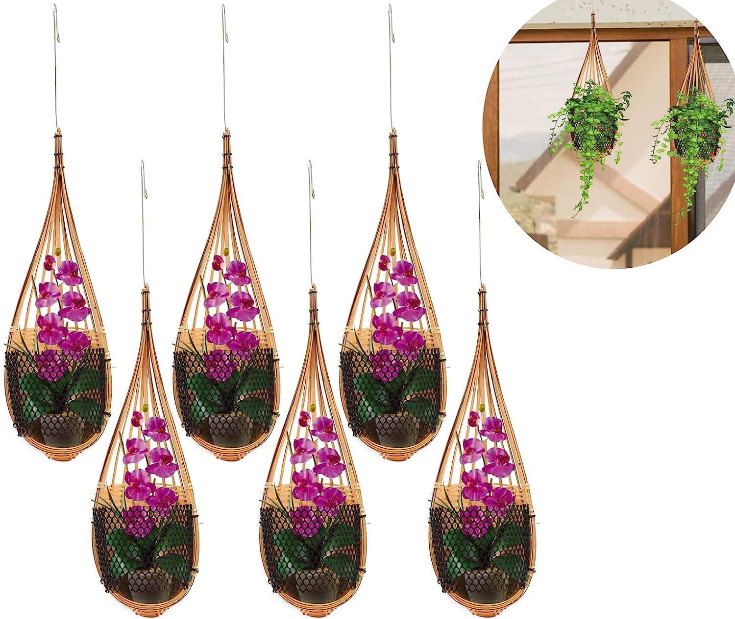6PCS Orchid Hanging Planter Bamboo Woven 4.7 Inch Hanging Orchid Basket with Metal Hook, Bird Nest Style Plant Hangers for Trellis or Gazebo, Small Flower Plants Planter