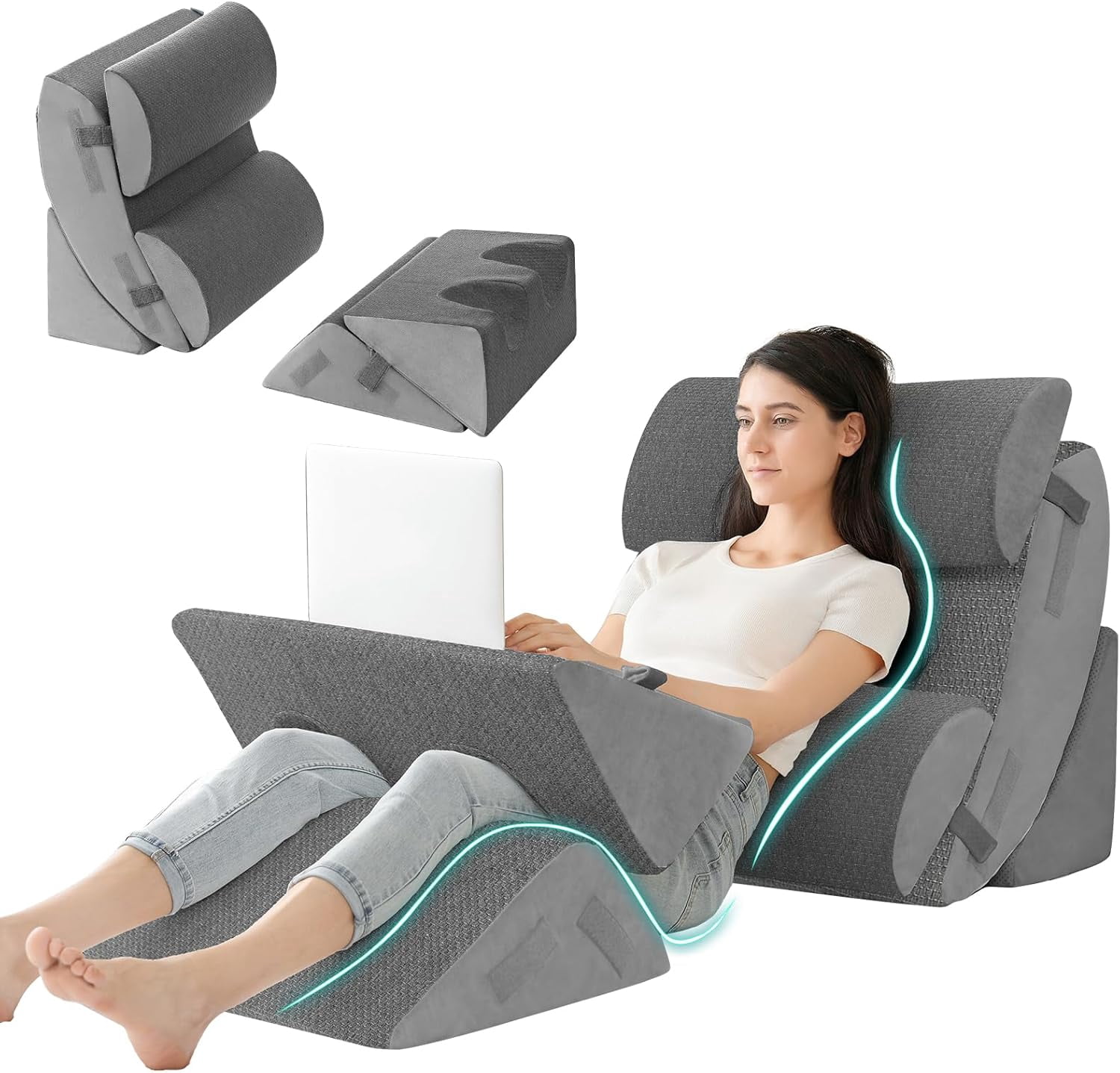 6PCS Orthopedic Bed Wedge Pillow for Sleeping, Adjustable Post Surgery Pillow Set for Body, Back and Leg Pain Relief, Memory Foam Support Pillows for After Surgery, Grey