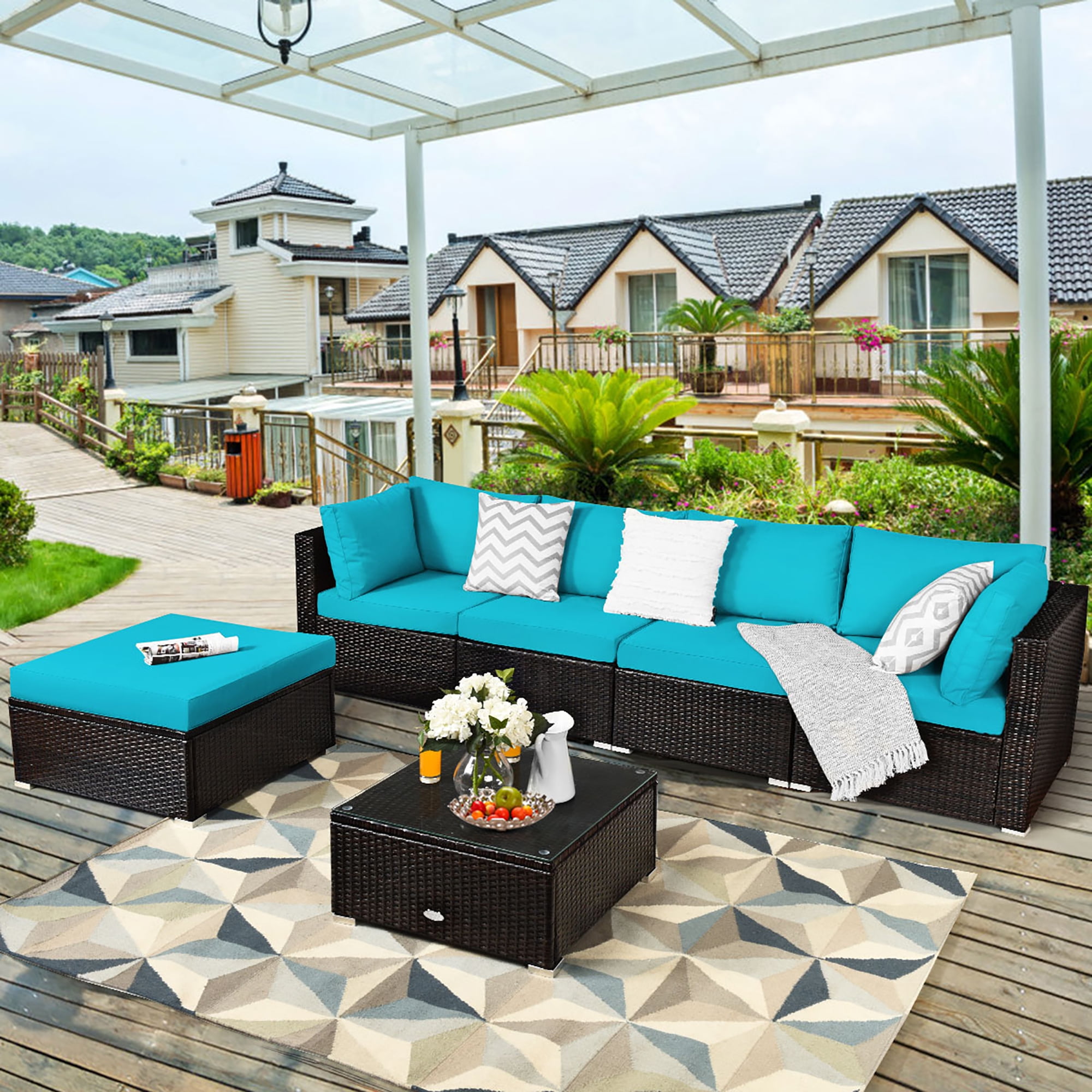 人文 #OUTDOOR Gray 6-Piece Wicker Patio Outdoor Sectional Set