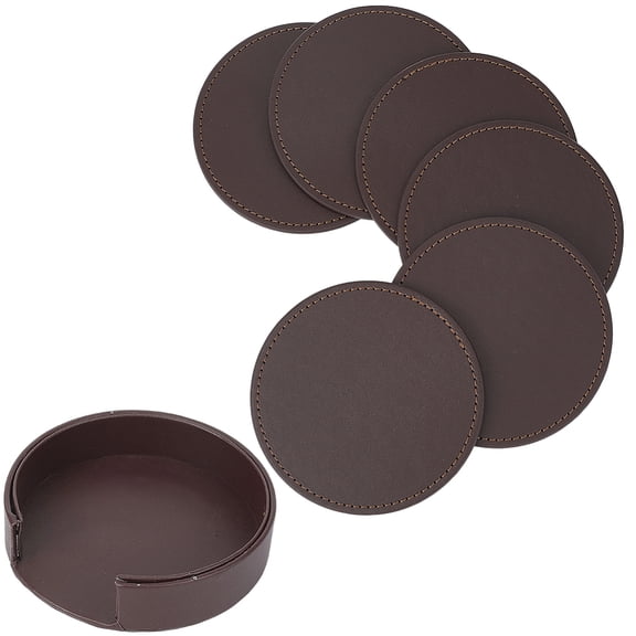 6PCS PU Leather Coasters for Table Protection 4 Inch Round Drink Cup Holders Brown Leather Handmade Table Mats Non Slip Thermal Insulation Pads with Base for Glass Coffee Cup Mug Home Bar DIY