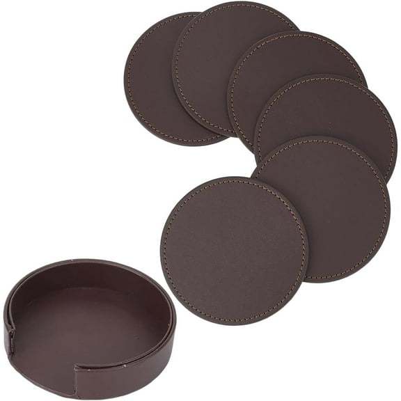 6PCS PU Leather Coasters for Table Protection 4 Inch Round Drink Cup Holders Brown Leather Handmade Table Mats Non Slip Thermal Insulation Pads with Base for Glass Coffee Cup Mug Home Bar