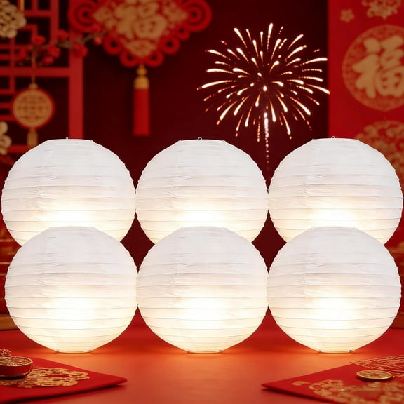 6PCS Paper Lanterns 12 inch with LED Lights White Round Derorative Hanging Paper Lanterns Reusable Lamp for DIY Craft Wedding Dinner Birthday Party Decoration