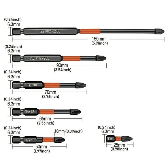 6PCS Phillips #2 Impact Screwdriver Bit Set, S2 Alloy Steel Magnetic Drill Bits, Anti-Slip 1/4 Inch Hex Shank, Durable Power & Hand Tool Bits for DIY Home Repair & Professional Construction