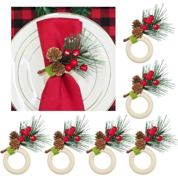 6PCS Pine Cones Napkin Rings, Christmas Napkin Holders with Berry and Pine Needles, for Winter Holiday Dinner Table Setting Decorations