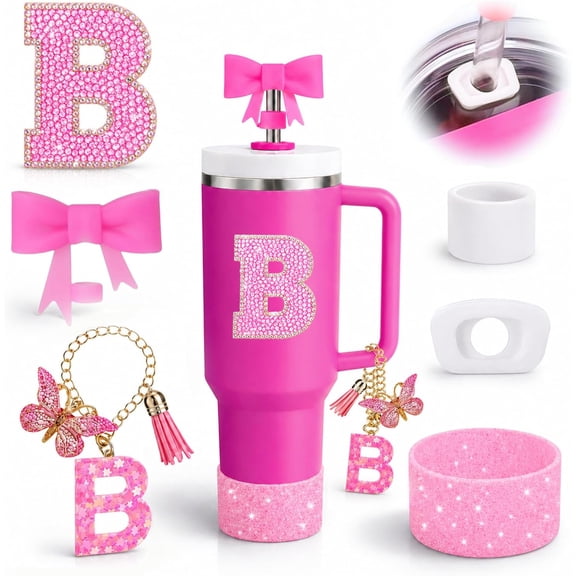 6PCS Pink Stanley Cup Accessories Set, Initials Decorations for Stanley Cup 30oz 40oz, Includes Bow Straw Topper, Handle Charm, Letter Sticker, Silicone Boot, Spill Proof Stopper (Letter B)