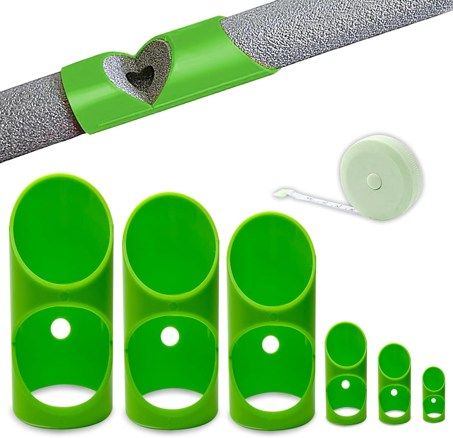 6PCS Pipe Insulation Cutting Guide， Molded Foam Cutter Tool with 15MM-53MM Fixture for Home/Industrial/Commercial Plumbing + Bonus 59" Tape Measure (Green) -