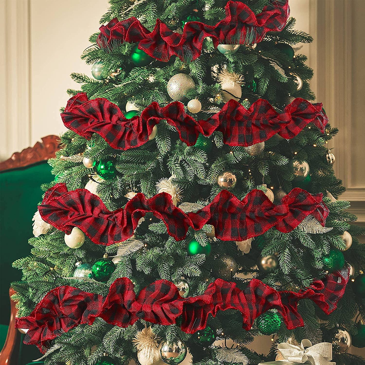 6PCS Plaid Christmas Tree Garland Rustic Craft Garland Christmas Tree Ribbon for Christmas Crafts Decoration, Floral Bows Craft, 9 Feet