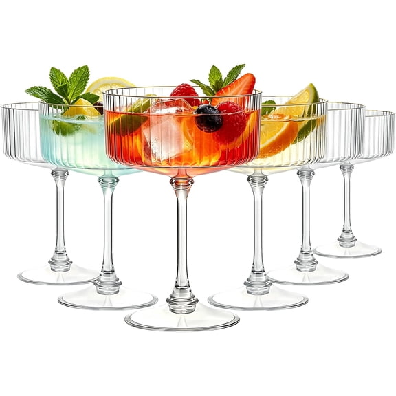 6PCS Plastic Martini Glasses Clear Disposable Coupe Glasses | 10oz, Ribbed & Gold Rim, BPA-free, Unbreakable Cocktail Cups with Removable Stem, Reusable Champagne Coupe for Party Wedding