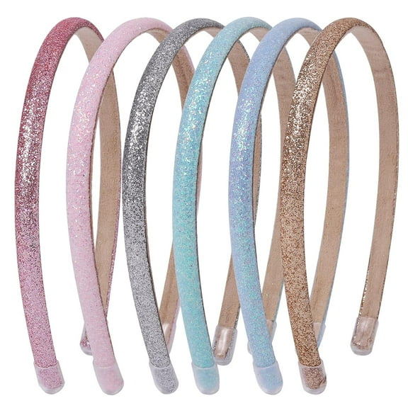 6PCS Plastic Thin Glitter Headbands, Including Gold, Silver, Rose Red, Pink, Blue, Light Blue, Non-slip Upgraded Sequin Head Band with Soft Fabric Cover Fashion Accessories 4.7*5.5*0.3 Inches