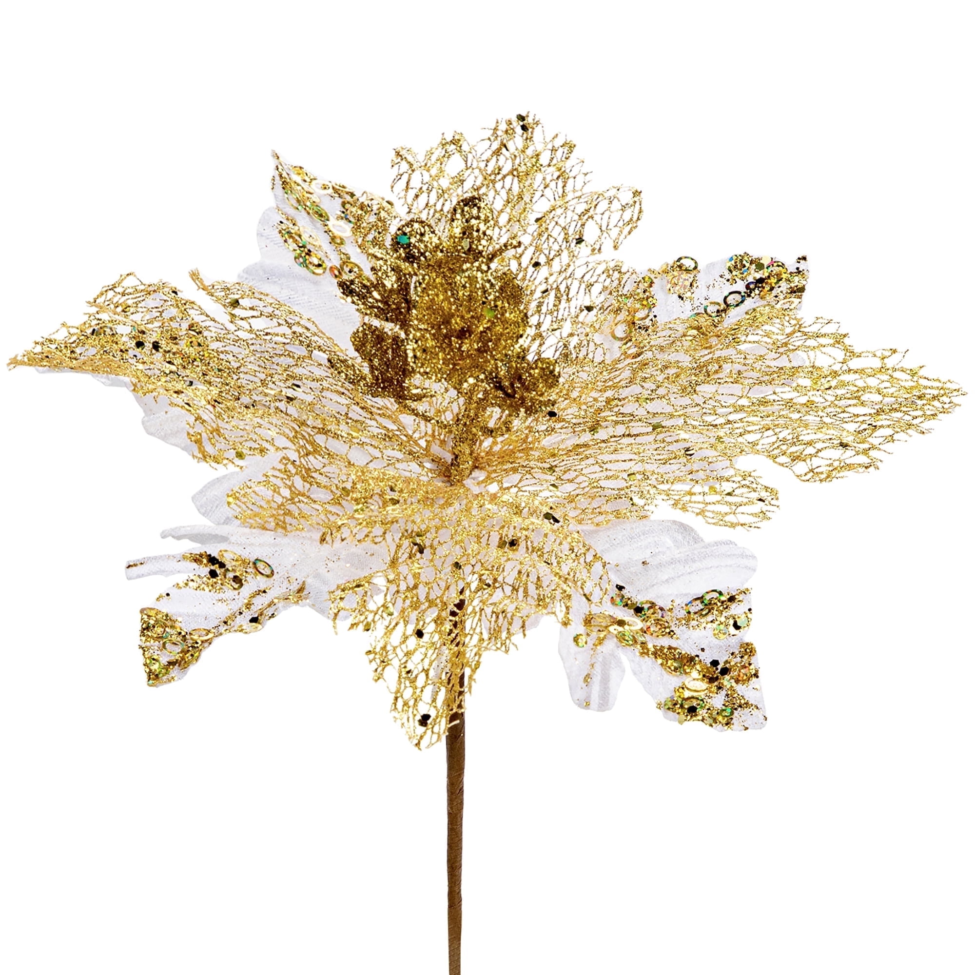 6PCS Poinsettias Christmas Tree Flowers 9.8'' Artificial Christmas Floral Picks and Sprays Large White Gold Silk Flowers with Stems for Xmas Home Vase Table Centerpiece Garland Decor