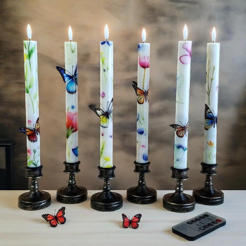 6PCS Printed Flameless Taper Candles, 10 Inch LED Candlesticks Battery Operated with 11-Key Remote, 3D Flickering Flame Lights for Wedding Party Home Decor Gifts