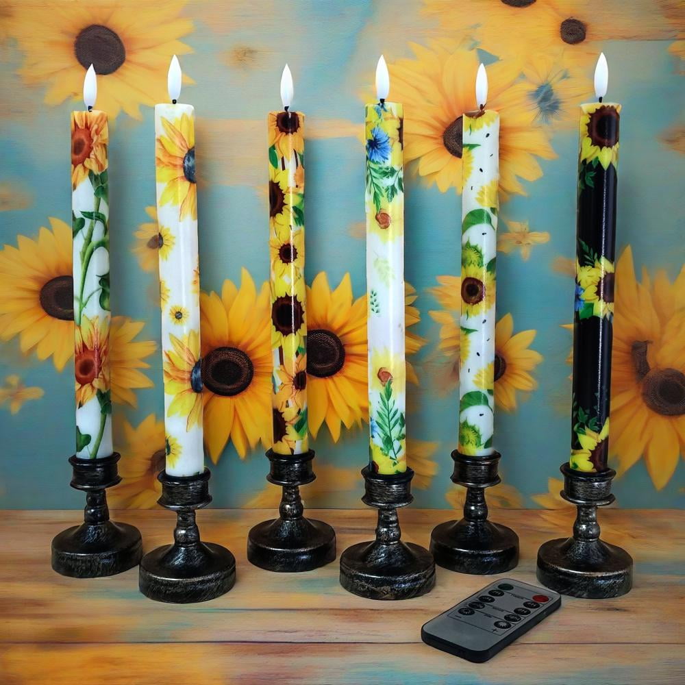 6PCS Printed Flameless Taper Candles, 10 Inch LED Candlesticks Battery Operated with 11-Key Remote, 3D Flickering Flame Lights for Wedding Party Home Decor Gifts