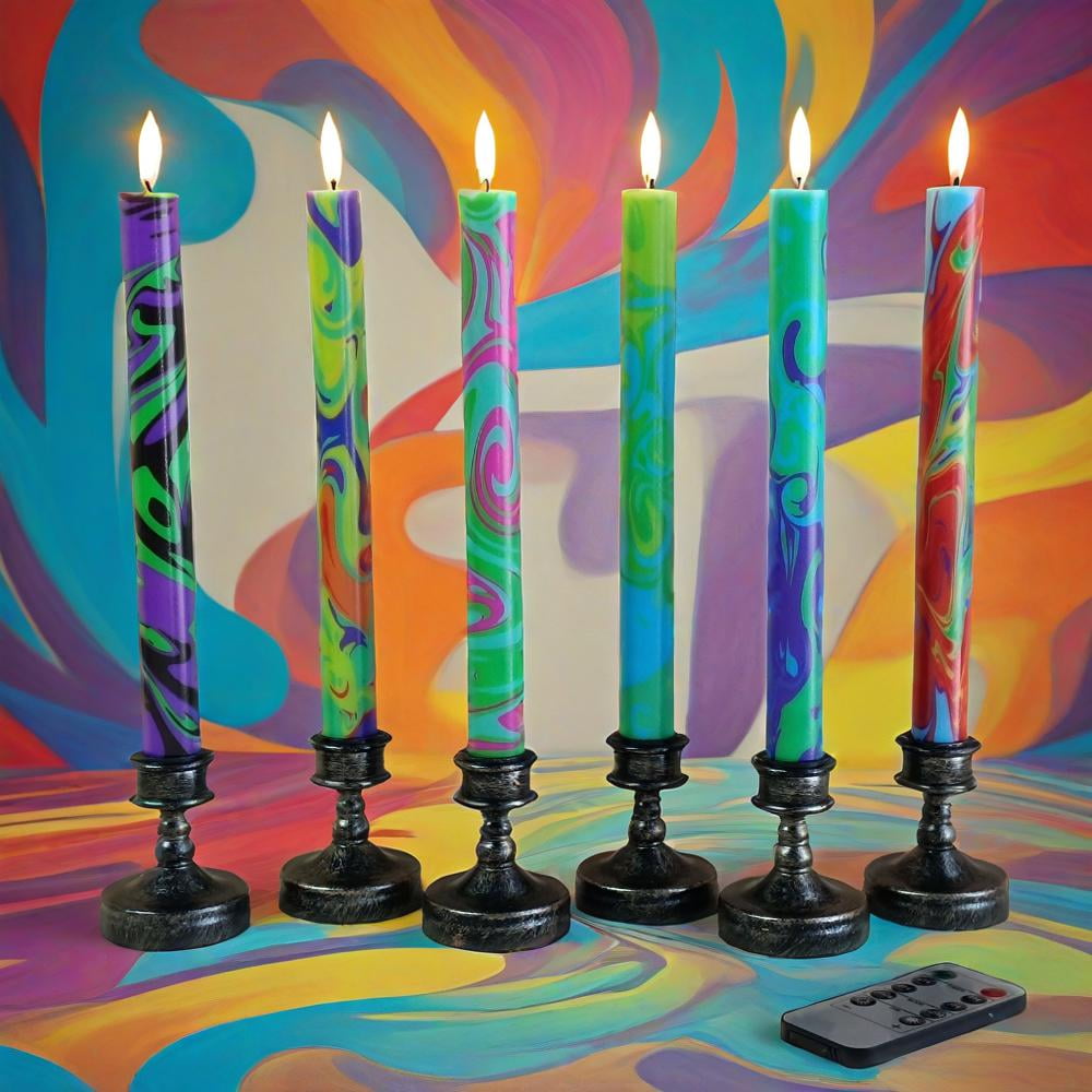 6PCS Printed Flameless Taper Candles, 10 Inch LED Candlesticks Battery Operated with 11-Key Remote, 3D Flickering Flame Lights for Wedding Party Home Decor Gifts