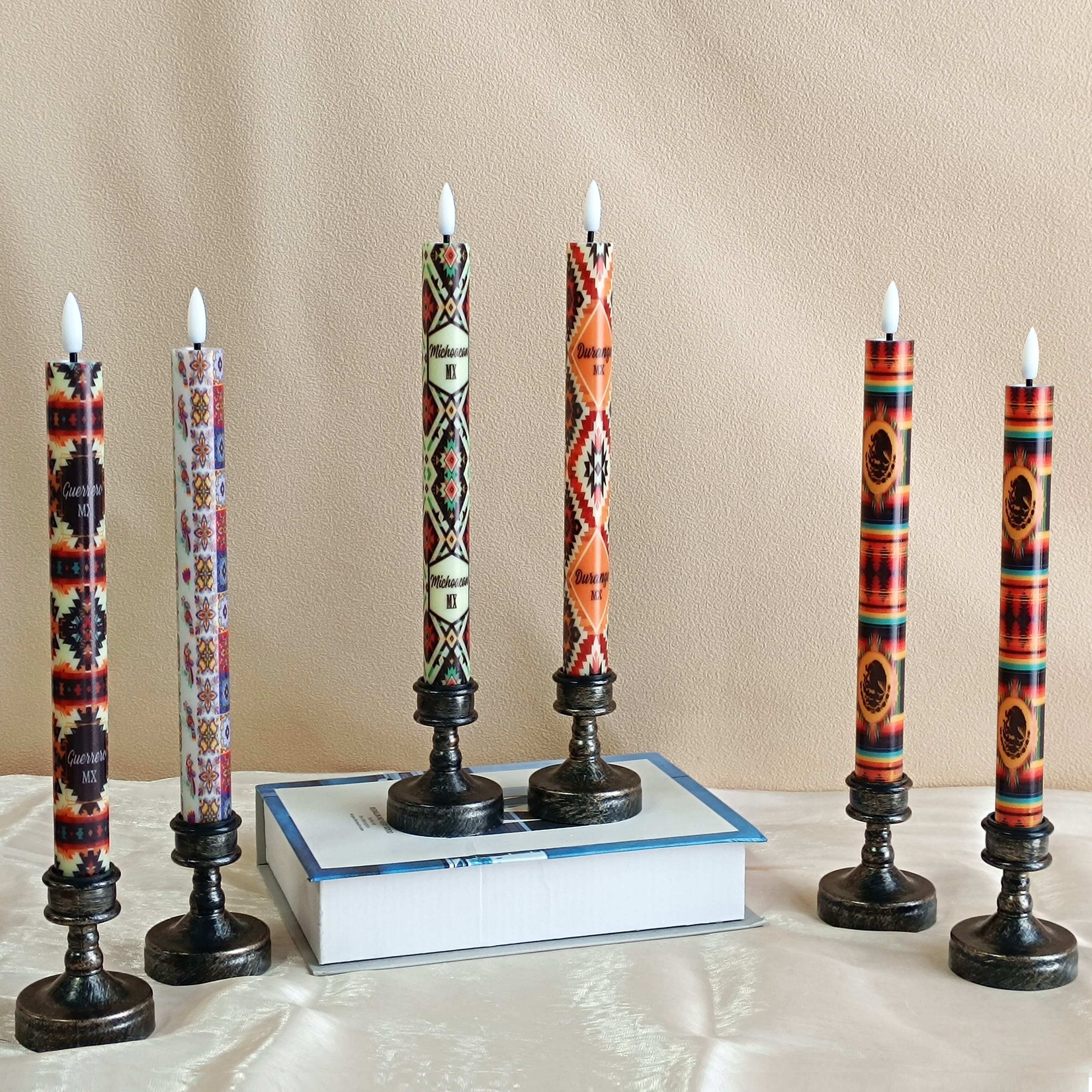 6PCS Printed Flameless Taper Candles, 10 Inch LED Candlesticks Battery Operated with 11-Key Remote, 3D Flickering Flame Lights for Wedding Party Home Decor Gifts