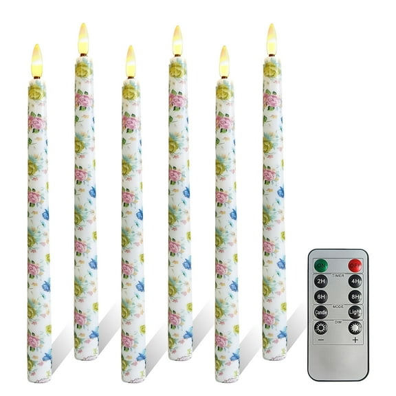 6PCS Printed Flameless Taper Candles, 11 Inch LED Candlesticks Battery Operated with 10-Key Remote and Timer, 3D Flickering Flame Lights for Wedding Party Home Decor Gifts