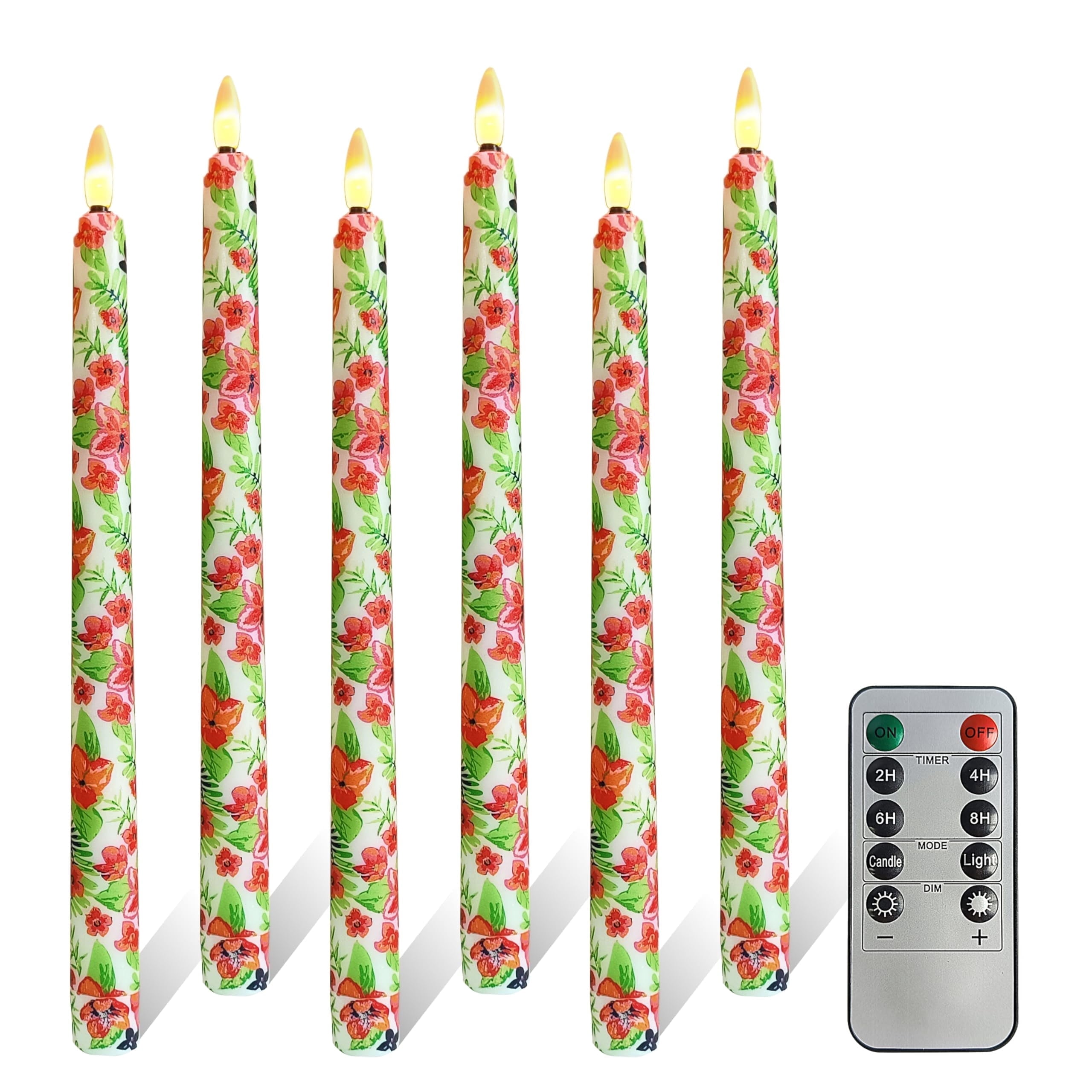 6PCS Printed Flameless Taper Candles, 11 Inch LED Candlesticks Battery Operated with 10-Key Remote and Timer, 3D Flickering Flame Lights for Wedding Party Home Decor Gifts