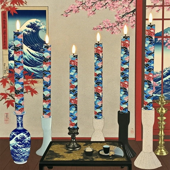 6PCS Printed Flameless Taper Candles with Classic Japanese Pattern Elements, 10 Inch LED Candlesticks Battery Operated with 11-Key Remote for Wedding Party Home Decor Gifts