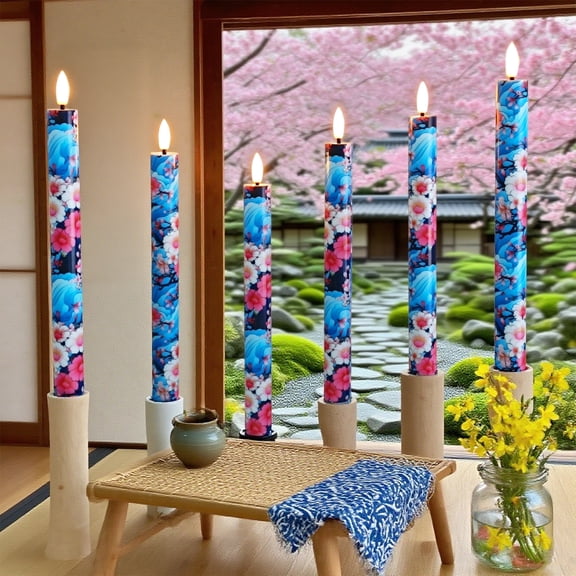 6PCS Printed Flameless Taper Candles with Classic Japanese Pattern Elements, 10 Inch LED Candlesticks Battery Operated with 11-Key Remote for Wedding Party Home Decor Gifts
