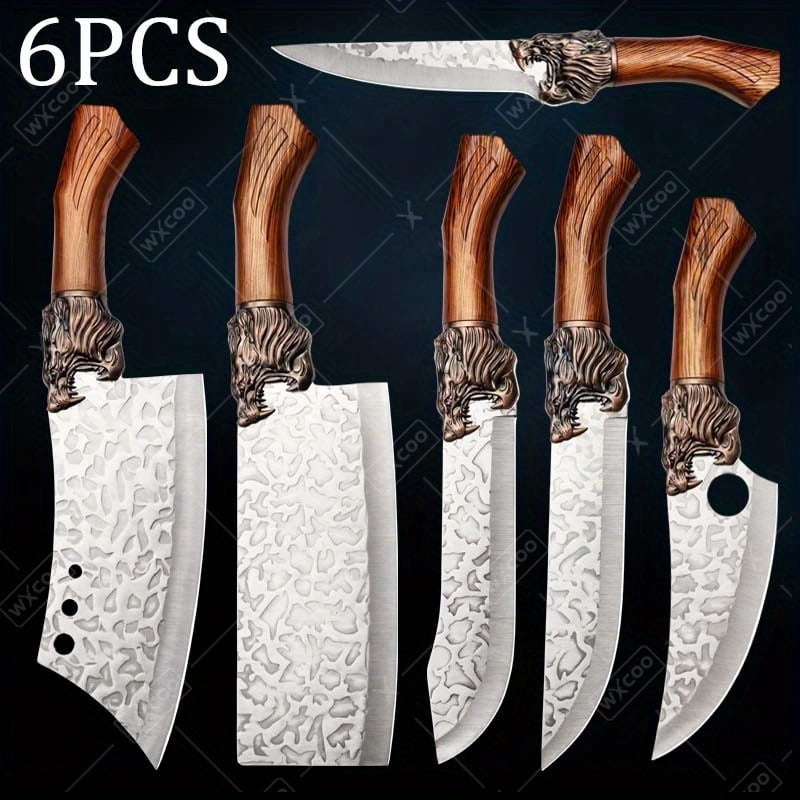 6PCS Professional Kitchen Chef Knife Set Including Stainless Steel Forged Utility Boning Fish and Meat Cleaver Vegetable Chopper Cutting Knife for Cooking and Food Preparation