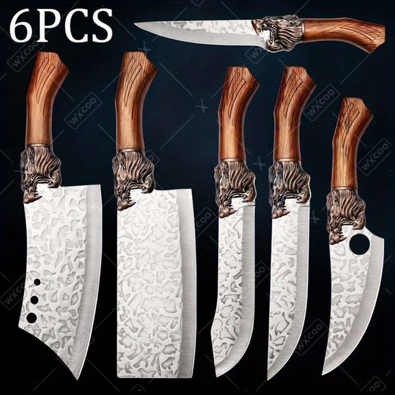 6PCS Professional Kitchen Chef Knife Set Including Stainless Steel Forged Utility Boning Fish and Meat Cleaver Vegetable Chopper Cutting Knife for Cooking and Food Preparation