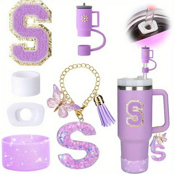 6PCS Cup Accessories Set for Stanley Cup 30oz 40oz tumbler with handle, Including Silicone Straw Topper Cover Cap and Boot, Spill Proof Stopper, Handle Charm, Initials Sticker