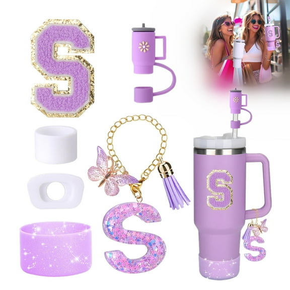 6PCS Purple Accessories for Stanley Cup, Decorations for 30/40 oz Tumbler with Handle, Includes Bow Straw Topper Cover Cap&Boot, Initials Charm, Letter Sticker, Spill Proof Stopper