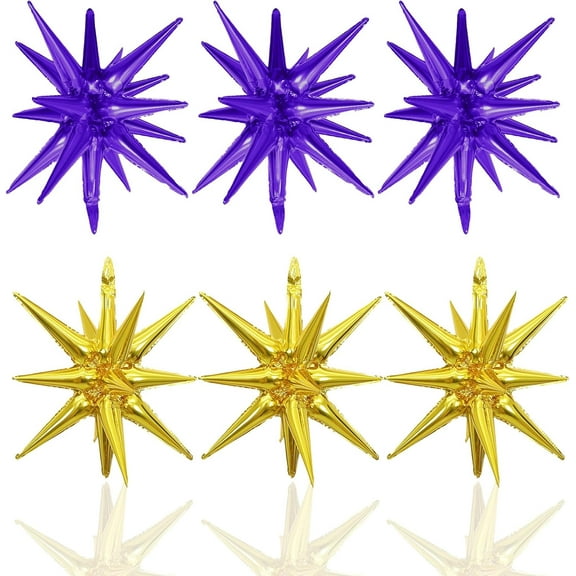 6PCS Purple Gold Star Balloons, 22Inch Star Shaped Balloon Foil Spike Balloon Cone Balloons for Graduation Birthday Wedding Baby Shower Halloween Festival Ceremony Decorations