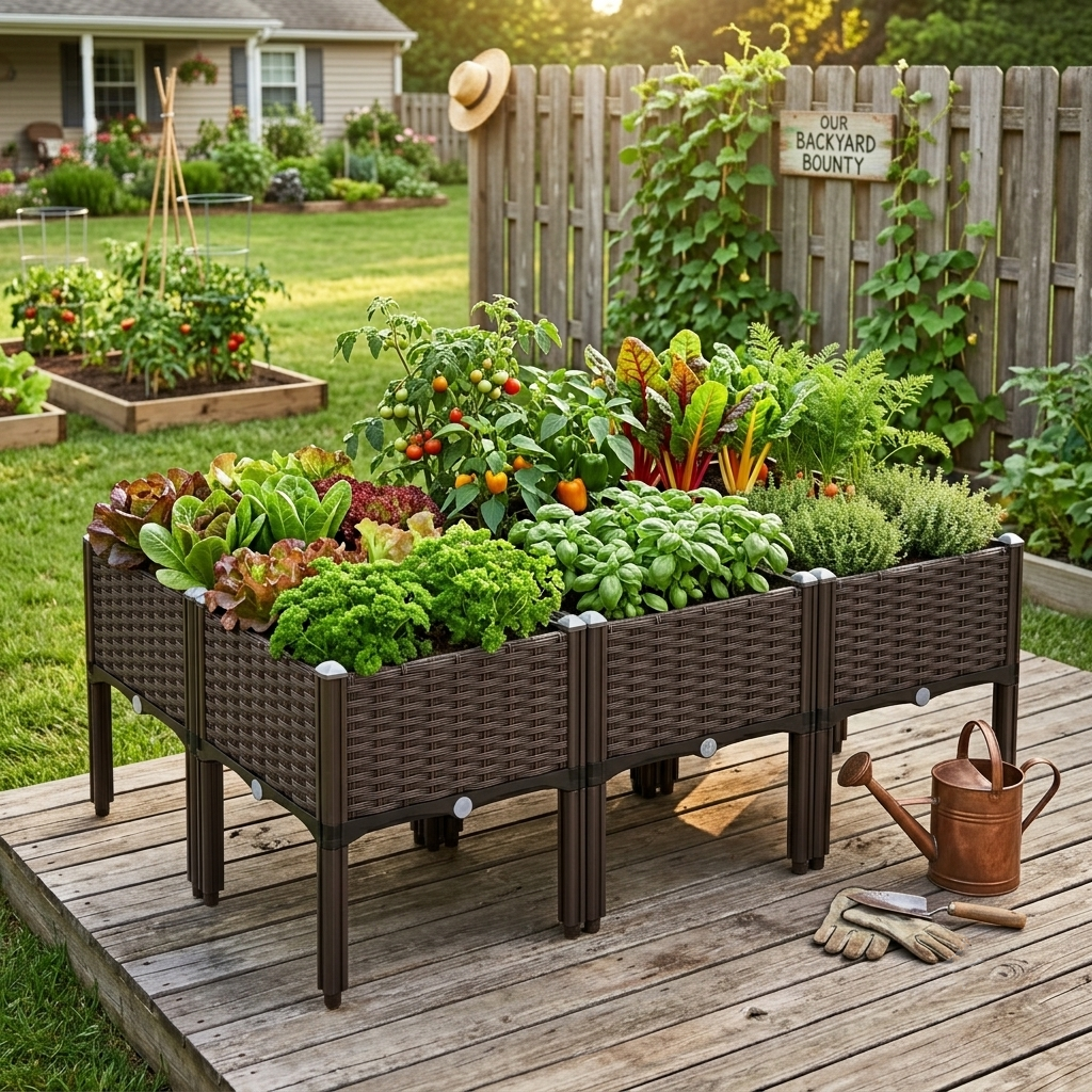 6PCS Raised Garden Bed with Legs,Elevated Self-Watering Planter Box for Herbs,Vegetables & Flowers,Outdoor Plastic Planter,Brown