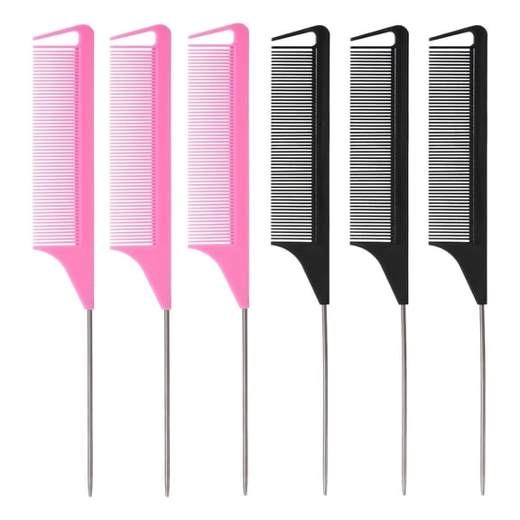 6PCS Rat Tail Comb, Parting Combs for Braiding Hair Women/Wen, Metal Fine Tooth Combs for Highlighting and Parting(Black, Pink)