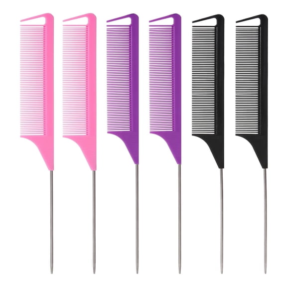 6PCS Rat Tail Comb, Parting Combs for Braiding Hair Women/Wen, Metal Fine Tooth Combs for Highlighting and Parting(Purple, Black, Pink)