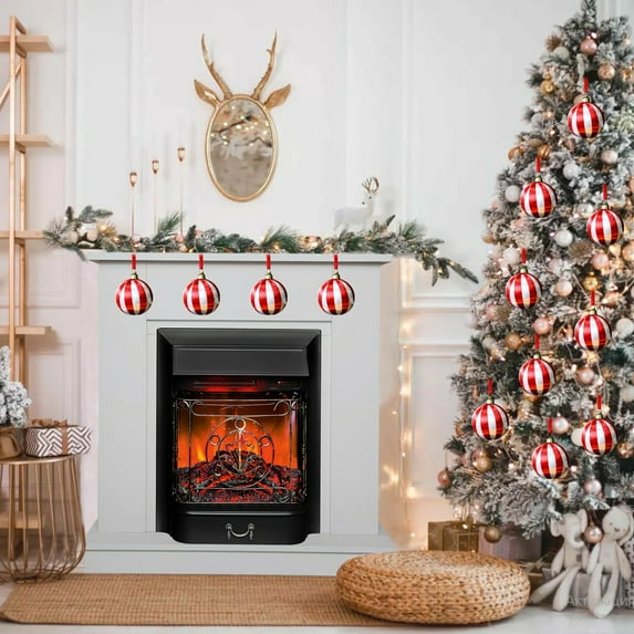 6PCS Red & Green Striped Christmas Baubles, Shiny Hanging Ornaments, Holiday Tree Decorations, Vibrant Christmas Ball Set for Tree, Home & Party Decor