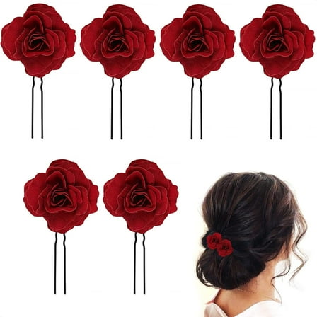6PCS Red Rose Hair Clip - Large Bobby Pins for Thick Hair Flower Pins Wedding Hair Accessories for Women - Rose Flower Hair Clips for Women's Hair Accessories Bridal Hair Pieces for Wedding