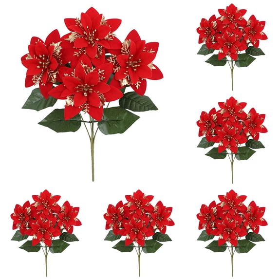 6PCS Red Velvet Poinsettia Flowers Artificial Christmas Decor Bouquet- Poinsettia Stems for Holiday Table Centerpiece Decorations,Tree,Porch,Patio,Indoor Outdoor Party Home Decor(13in,Red,Gold))