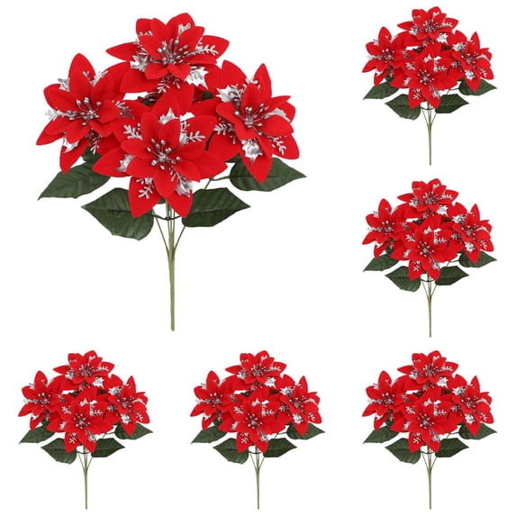 6PCS Red Velvet Poinsettia Flowers Artificial Christmas Decor Bouquet- Poinsettia Stems for Holiday Table Centerpiece Decorations,Tree,Porch,Patio,Indoor Outdoor Party Home Decor(13in,Red,Gold))