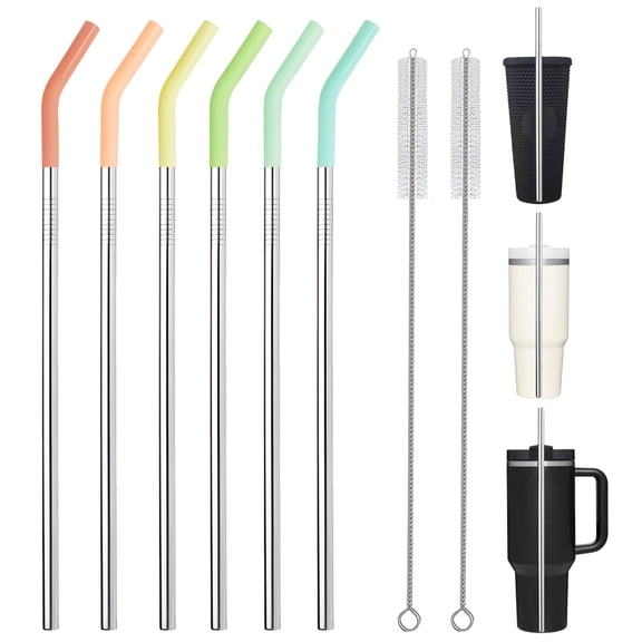 6PCS Reusable Metal/Stainless Steel Straws with Silicone Tip and Cleaning Brush(11.8"x0.31",Silver)