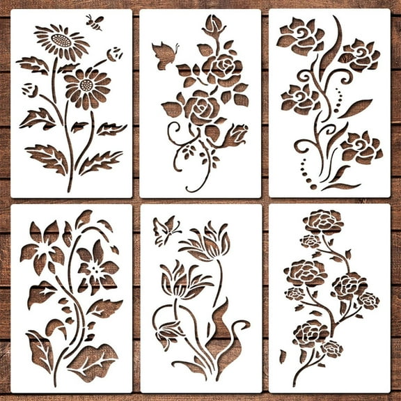 6PCS Reusable PET Floral Stencils - 11x7in Large DIY Painting Templates for Wood, Walls & Fences ,Sunflower, Rose, Peony Patterns (No Sticking Paste Needed)​​ multicolor