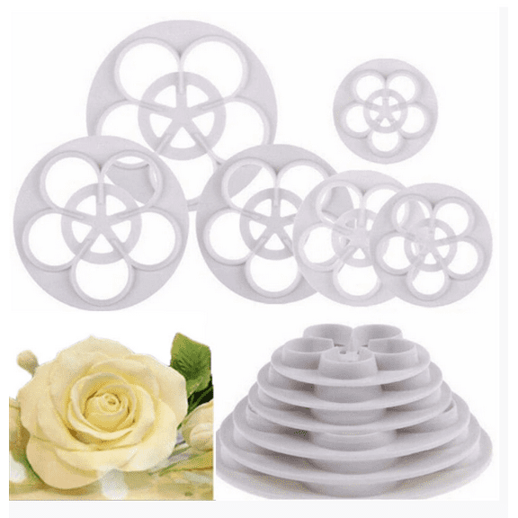 6PCS Rose Flower Petal Cake Molds Gumpaste Flower Cutters, Cookie & Sugarcraft Modelling Tools Rose Pattern Plunger Cutter Set, Flower Shaped Baking Molds, Cake Decorating Cutters(White)